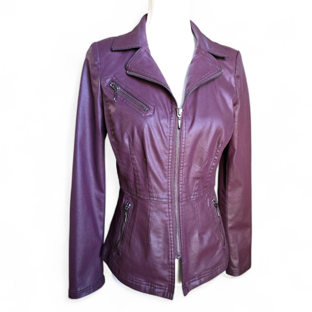 White House Black Market  Leather Look Jacket Cherry Burgundy Size 4